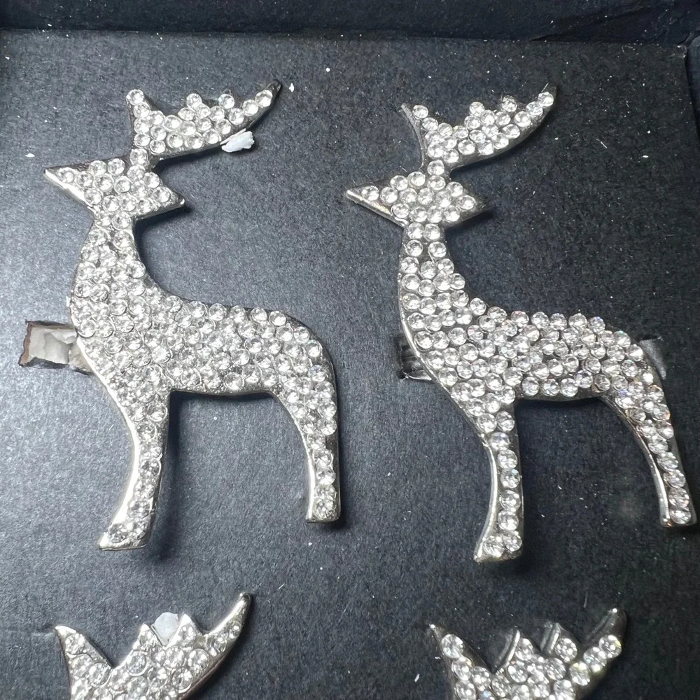 Rachel Zoe Set of 4 Rhinestone Reindeer Napkin Rings Silver Metal Holiday Decor‎